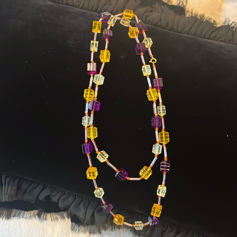 Vintage purple, yellow, orange plastic cubed necklace